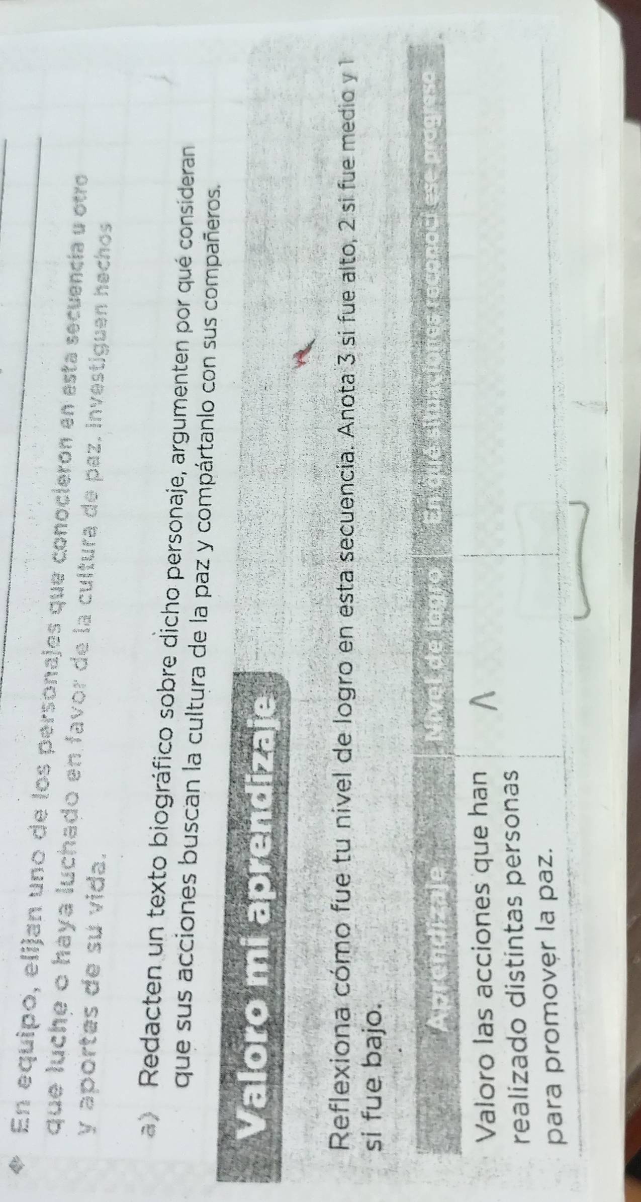 En equipo, elijan uno de los personajes que conocieron en esta secuencía e otro 
que lúche o haya luchado en favor de la cultura de paz, investiguen hechos 
y aportes de su vida. 
a) Redacten un texto biográfico sobre dicho personaje, argumenten por qué consideran 
que sus acciones buscan la cultura de la paz y compártanlo con sus compañeros. 
Valoro mi aprendizaje 
Reflexiona cómo fue tu nivel de logro en esta secuencia. Anota 3 si fue alto, 2 si fue medio y 1
si fue bajo.