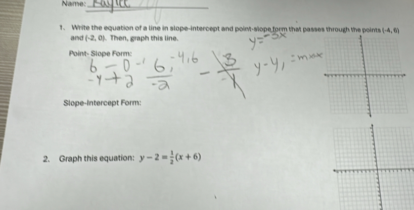 Name:_ 
1. Write the equation of a line in slope-intercept and point-slope form that passes through the points (-4,6)
and (-2,0). Then, graph this line. 
Point- Slope Form: 
Slope-Intercept Form: 
2. Graph this equation: y-2= 1/2 (x+6)