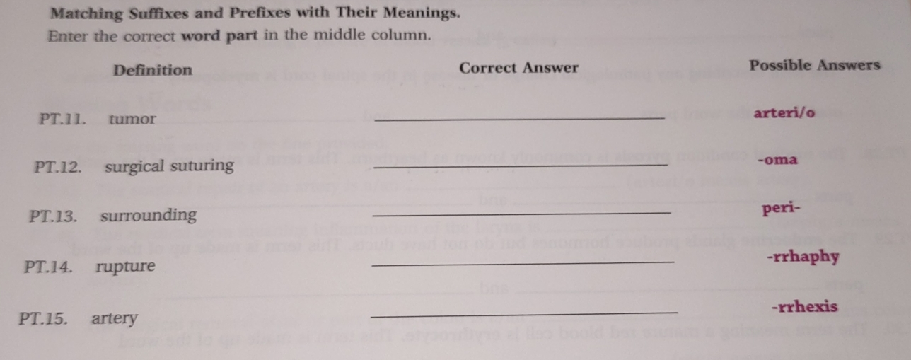 Matching Suffixes and Prefixes with Their Meanings. 
Enter the correct word part in the middle column. 
Definition Correct Answer Possible Answers 
PT.11. tumor _arteri/o 
PT.12. surgical suturing _-oma 
PT.13. surrounding 
_ 
peri- 
PT.14. rupture _-rrhaphy 
_ 
-rrhexis 
PT.15. artery