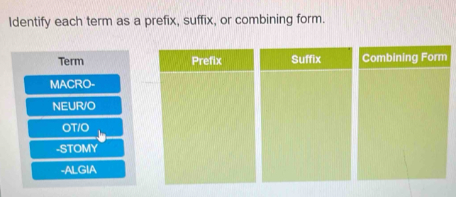 Solved: Identify each term as a prefix, suffix, or combining form. Term ...