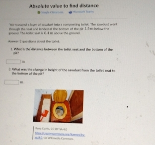 Absolute value to find distance 
C Géogle Clamare Mcmoft San 
fair scooped a layer of sawdut into a composting toilet. The sawdust went 
through the seat and landed at the bottorn of the pit 1.5 us below the 
ground. The toilet seat is 0.4 1s above the ground. 
Amwer 2 questions about the toilet. 
1. What is the divtance between the tollet seat and the bottom of the 
pit ? 
2. What was the change in height of the sawdust from the toilet seat to 
the bottom of the pil? 
Rene Corto, CC IV-SA 4 D 
vaç4.0. ia Wiłkimedía Connona Nes rea tveremesons ant lcermes b y