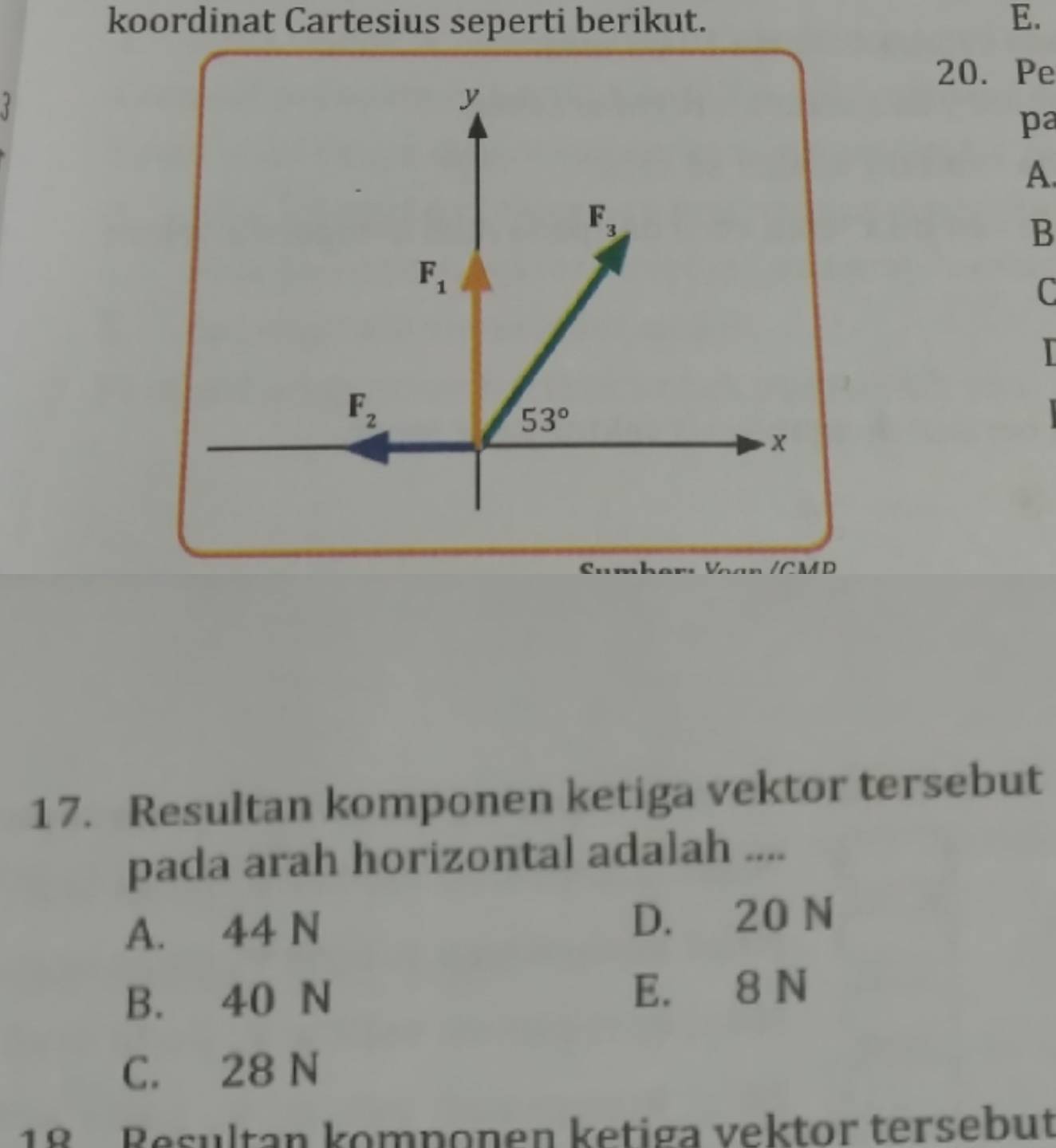 koordinat Cartesius seperti berikut. E.
20. Pe
pa
A.
B
C
17. Resultan komponen ketiga vektor tersebut
pada arah horizontal adalah ....
A. 44 N D. 20 N
B. 40 N E. 8 N
C. 28 N
18  Resultan komponen ketiga vektor tersebut