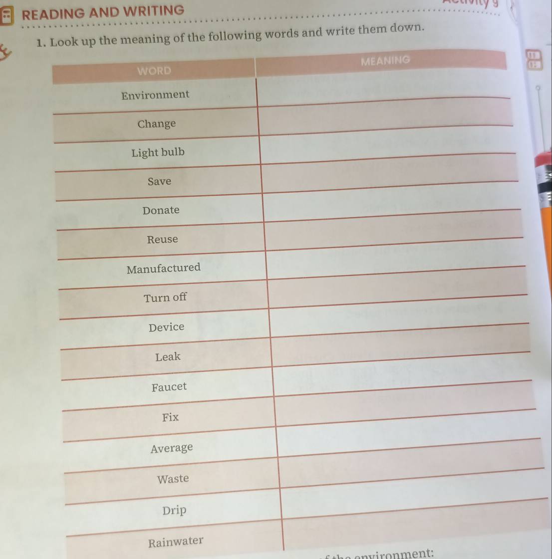 READING AND WRITING 
write them down. 
1 
F 
Rainwater 
environment: