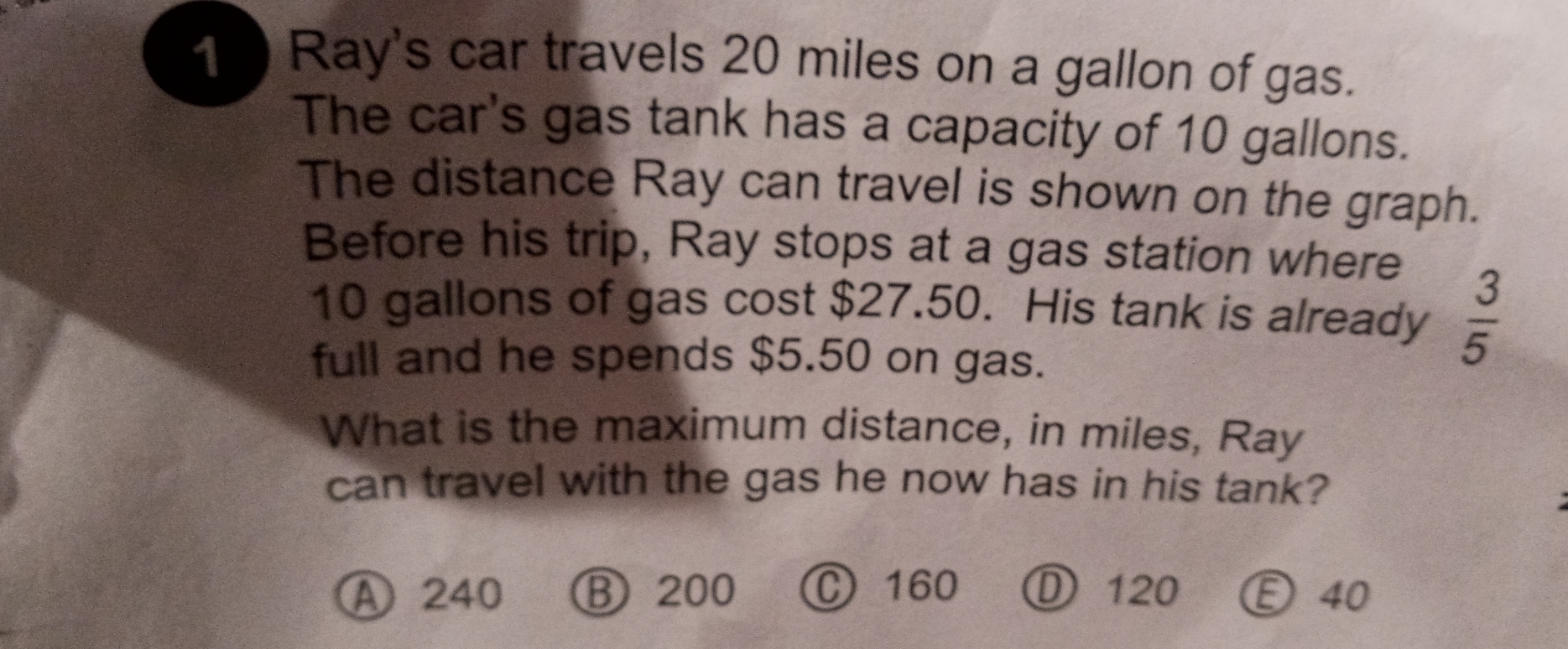 Ray's car travels 20 miles on a gallon of gas.
The car's gas tank has a capacity of 10 gallons.
The distance Ray can travel is shown on the graph.
Before his trip, Ray stops at a gas station where
10 gallons of gas cost $27.50. His tank is already  3/5 
full and he spends $5.50 on gas.
What is the maximum distance, in miles, Ray
can travel with the gas he now has in his tank?
A 240 ⑧ 200 C 160 ① 120 Ⓔ40