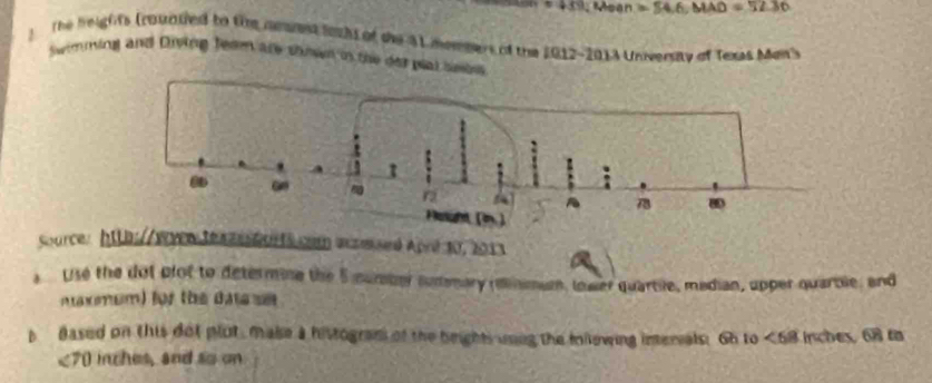 45°. Meạn =54.6, MAD=52.30
) The heights (rounued to the nesmnt Socht of the 31 mommers of the 2012-2013 Universay of Texas Man's 
Swimming and Diving feee are shown in the der peal seess 
Source: htLa://vren teaaeborts com acomsed Apré 10, 2013
a Usé the dot plot to determine the 5 number summary rlmmum lnwer quartile, madian, upper quarble, and 
naxmum) for the datese 
b Based on this dot plut make a histogram of the brights uning the inilewing inerials. Gh to <68 inches, 68 to
<70 inches, and so on