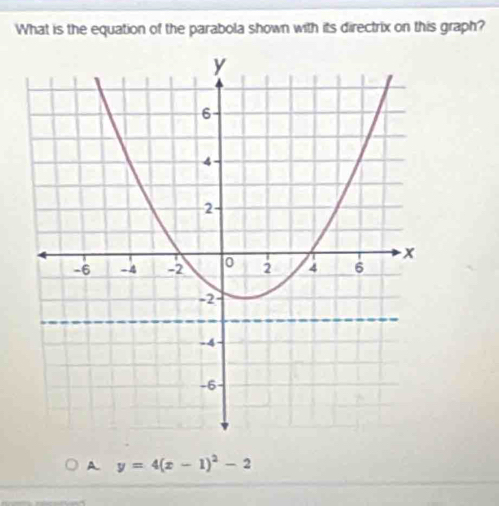 What is the equation of the parabola shown with its directrix on this graph?
A. y=4(x-1)^2-2