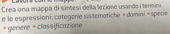 Crea una mappa di sintesi della lezione usando i termini 
e le espressioni: categorie sistematiche • domini • specie 
genere • classificazione