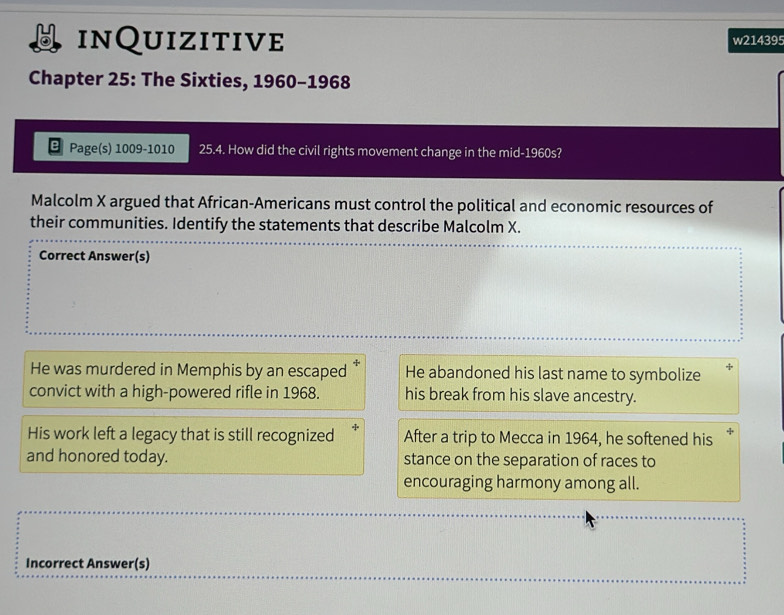 Solved: inQuizitive w214395 Chapter 25: The Sixties, 1960-1968 e Page(s ...
