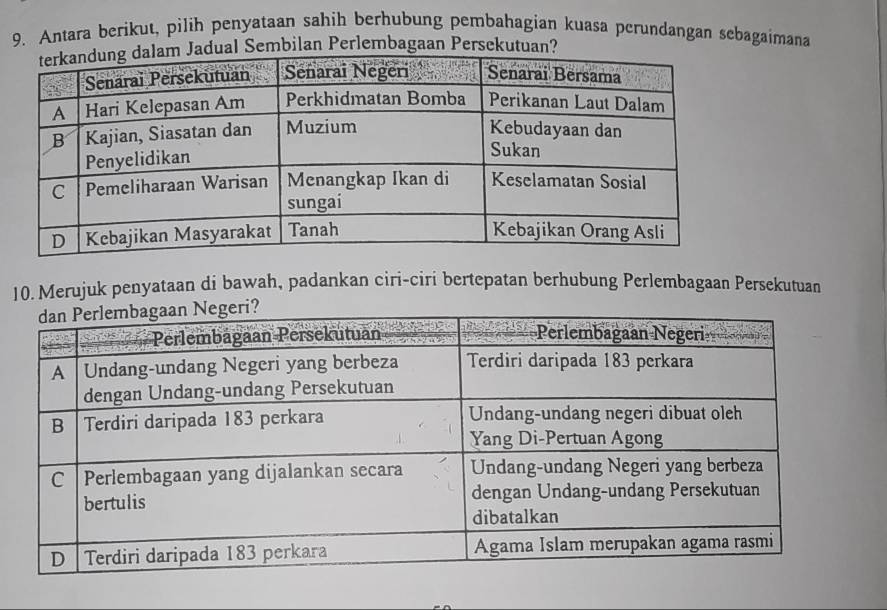 Antara berikut, pilih penyataan sahih berhubung pembahagian kuasa perundangan sebagaimana 
dual Sembilan Perlembagaan Persekutuan? 
10. Merujuk penyataan di bawah, padankan ciri-ciri bertepatan berhubung Perlembagaan Persekutuan