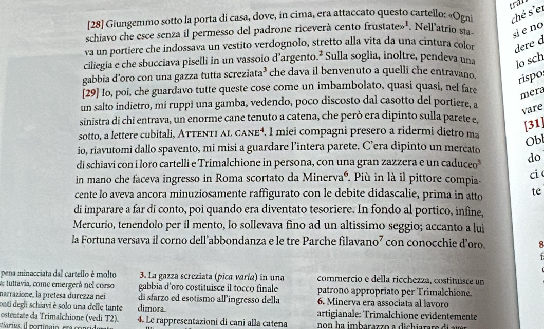 [28] Giungemmo sotto la porta di casa, dove, in cima, era attaccato questo cartello: «Ogni ché s'er
schiavo che esce senza il permesso del padrone riceverà cento frustate»'. Nell’atrio sta- sì e no
va un portiere che indossava un vestito verdognolo, stretto alla vita da una cintura color dere à
ciliegia e che sbucciava piselli in un vassoio d’argento.² Sulla soglia, inoltre, pendeva una lo sch
gabbia d'oro con una gazza tutta screziata³ che dava il benvenuto a quelli che entravano. rispo
[29] Io, poi, che guardavo tutte queste cose come un imbambolato, quasi quasi, nel fare mera
un salto indietro, mi ruppi una gamba, vedendo, poco discosto dal casotto del portiere, a
vare
sinistra di chi entrava, un enorme cane tenuto a catena, che però era dipinto sulla parete e, [31]
sotto, a lettere cubitali, ATTENTI AL CANE^4. I miei compagni presero a ridermi dietro ma
Obl
io, riavutomi dallo spavento, mi misi a guardare l’intera parete. C’era dipinto un mercato
di schiavi con i loro cartelli e Trimalchione in persona, con una gran zazzera e un caduceo* do
in mano che faceva ingresso in Roma scortato da Minervaé. Più in là il pittore compia- ci 
cente lo aveva ancora minuziosamente raffigurato con le debite didascalie, prima in atto te
di imparare a far di conto, poi quando era diventato tesoriere. In fondo al portico, infine,
Mercurio, tenendolo per il mento, lo sollevava fino ad un altissimo seggio; accanto a lui
la Fortuna versava il corno dell’abbondanza e le tre Parche filavano⁷ con conocchie d’oro. 8
pena minacciata dal cartello è molto 3. La gazza screziata (pica varia) in una commercio e della ricchezza, costituisce un
a; tuttavia, come emergerà nel corso gabbia d’oro costituisce il tocco finale patrono appropriato per Trimalchione.
narrazione, la pretesa durezza nei di sfarzo ed esotismo all’ingresso della 6. Minerva era associata al lavoro
onti degli schiavi è solo una delle tante dimora. artigianale: Trimalchione evidentemente
ostentate da Trimalchione (vedi T2). 4. Le rappresentazioni di cani alla catena