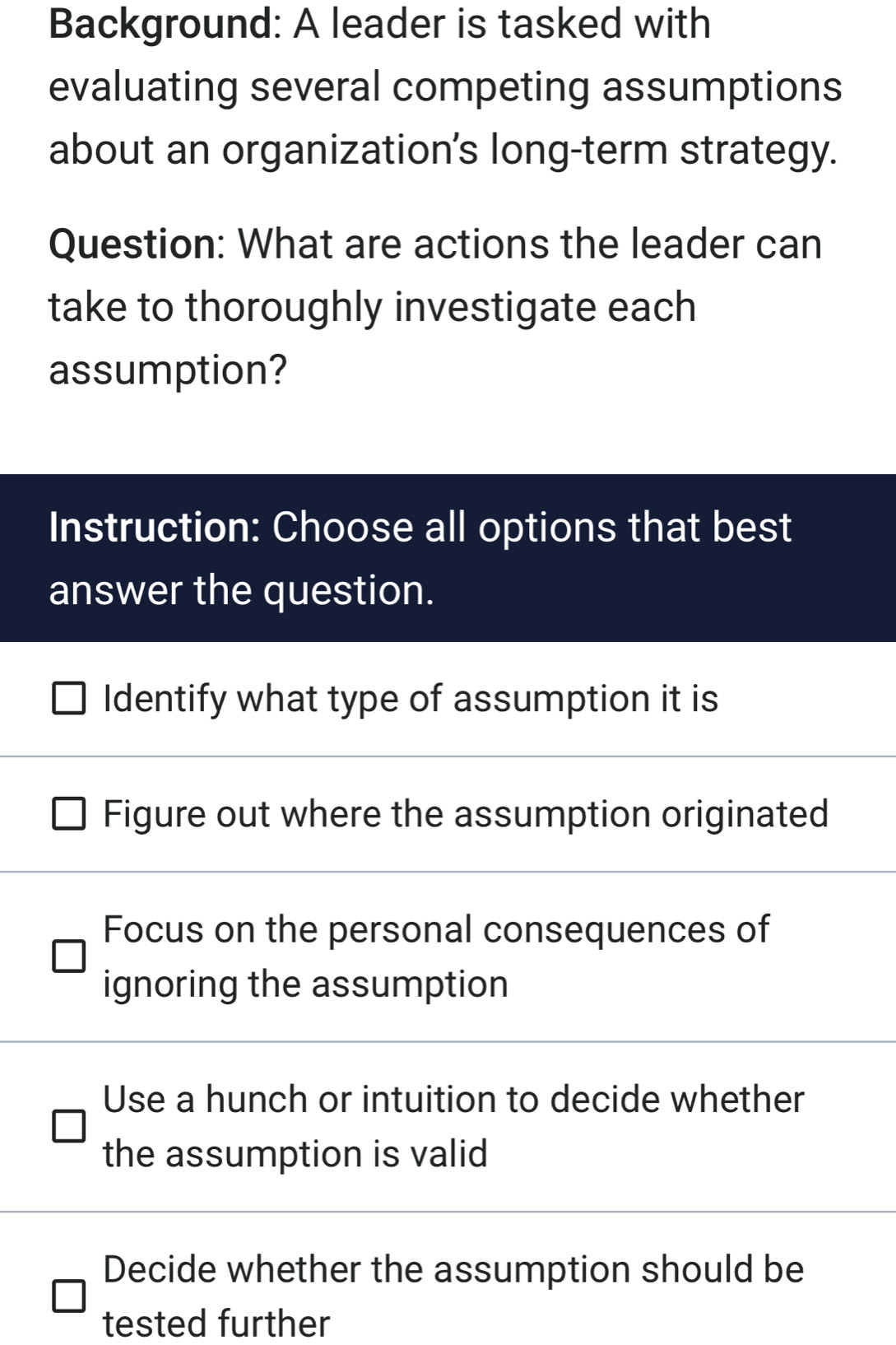 Solved: Background: A leader is tasked with evaluating several ...