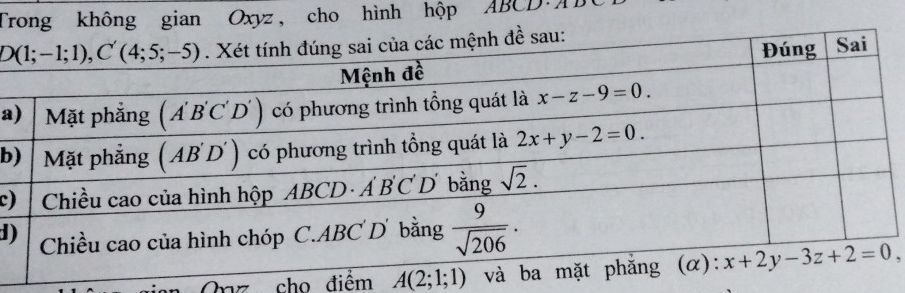 Trong không gian Oxyz, cho hình hộp ABCD-AB
a
b
c
d
Onz cho điểm