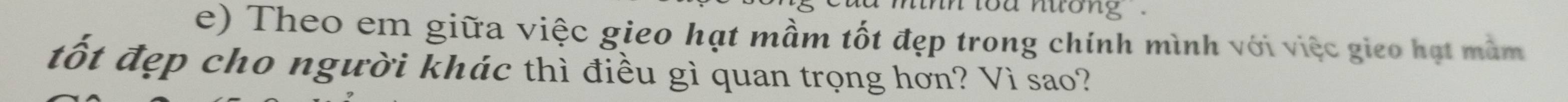 in lod nuong 
e) Theo em giữa việc gieo hạt mầm tốt đẹp trong chính mình với việc gieo hạt mằm 
tốt đẹp cho người khác thì điều gì quan trọng hơn? Vì sao?