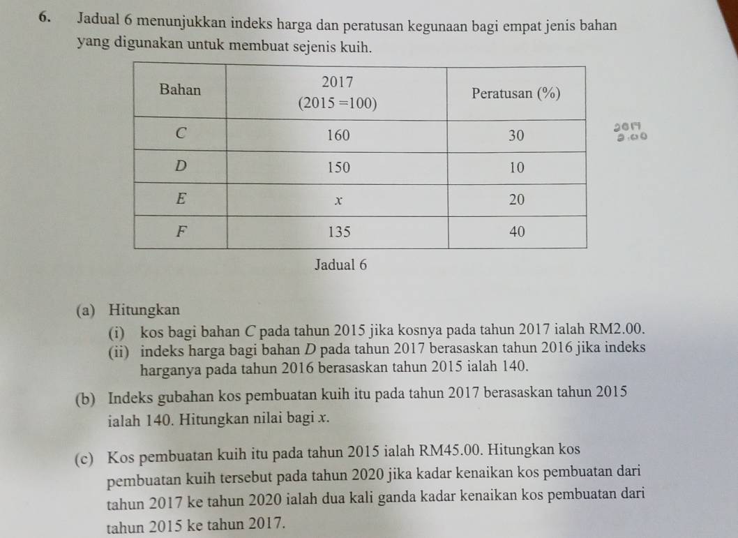 Jadual 6 menunjukkan indeks harga dan peratusan kegunaan bagi empat jenis bahan
yang digunakan untuk membuat sejenis kuih.
Jadual 6
(a) Hitungkan
(i) kos bagi bahan C pada tahun 2015 jika kosnya pada tahun 2017 ialah RM2.00.
(ii) indeks harga bagi bahan D pada tahun 2017 berasaskan tahun 2016 jika indeks
harganya pada tahun 2016 berasaskan tahun 2015 ialah 140.
(b) Indeks gubahan kos pembuatan kuih itu pada tahun 2017 berasaskan tahun 2015
ialah 140. Hitungkan nilai bagi x.
(c) Kos pembuatan kuih itu pada tahun 2015 ialah RM45.00. Hitungkan kos
pembuatan kuih tersebut pada tahun 2020 jika kadar kenaikan kos pembuatan dari
tahun 2017 ke tahun 2020 ialah dua kali ganda kadar kenaikan kos pembuatan dari
tahun 2015 ke tahun 2017.