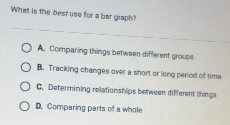 Solved: What is the bestuse for a bar graph? A. Comparing things ...