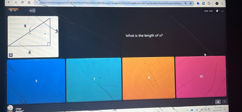 quizizz.com/join/game/U2FsdGVkX1%252FYxLb2K%252BKi3RuLrgrfC5huejKr6ZH%252F8ZqRBu%252BXT3acP6eA80u7hlceQ0YduqZ65dlRKgn... 
Bonl 0508 2944 
What is the length of x?
25
5 
Gmyo 
10.55 PM 
11/25/2024