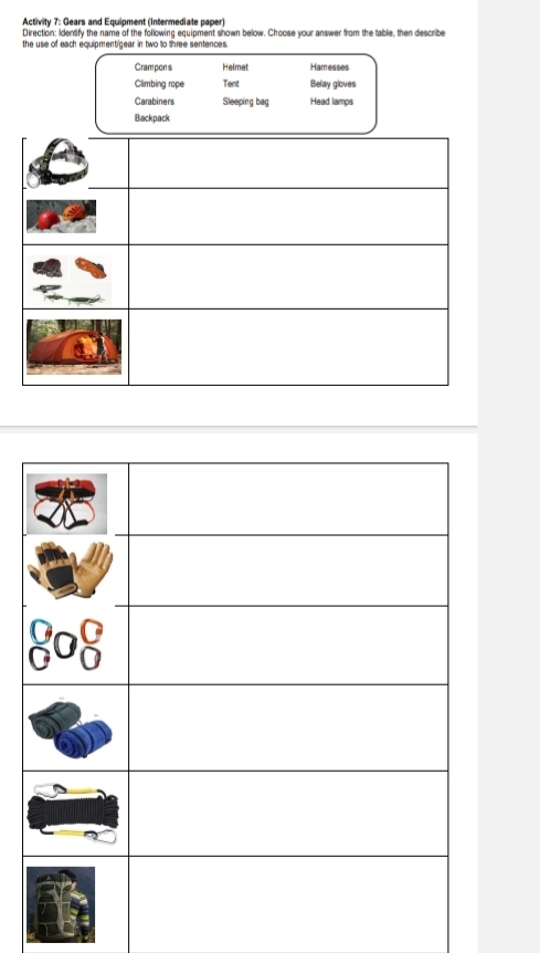 Activity 7: Gears and Equipment (Intermediate paper)
Direction: Identify the name of the following equipment shown below. Choose your answer from the table, then describe
the use of each equipment'gear in two to three sentences.
Crampon s Helmet Hamesses
Climbing rope Tent Belay gloves
Carabiners Sleeping bag Head lamps
Backpack