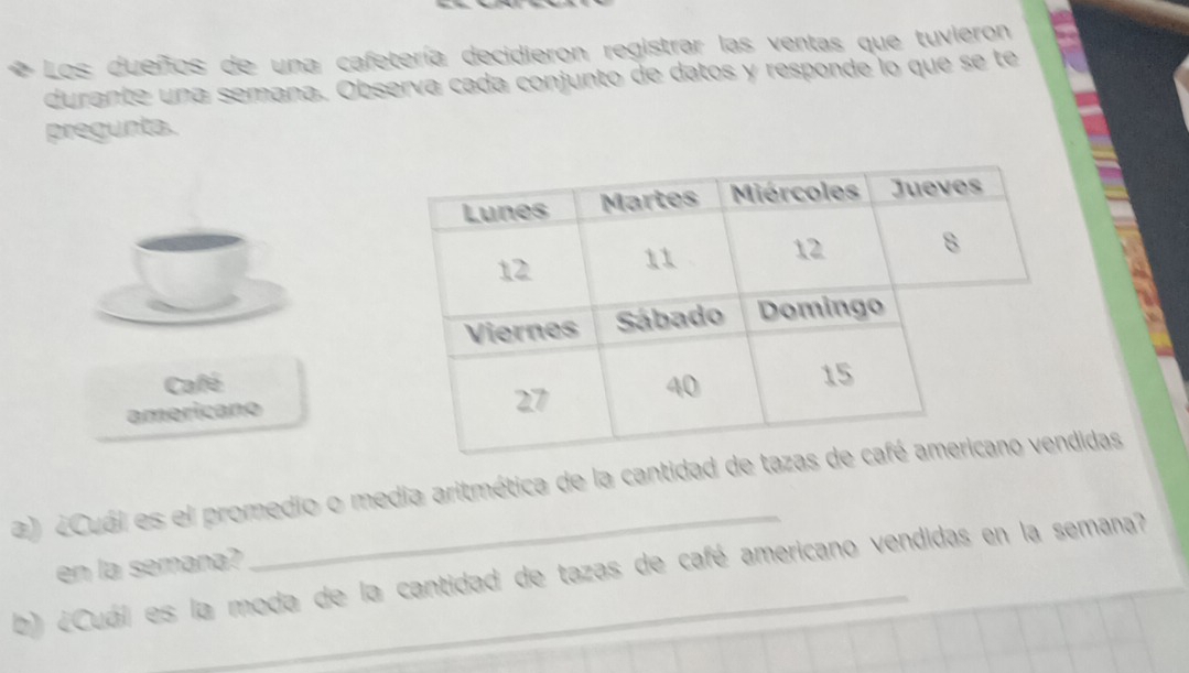 Los dueños de una cafetería decidieron registrar las ventas que tuvieron 
durante una semana. Observa cada conjunto de datos y responde lo que se te 
pregunta. 
Café 
americano 
2) ¿Cuál es el promedio o media aritmética de la cantidad didas 
b) ¿Cuái es la moda de la cantidad de tazas de café americano vendidas en la semana? en la semana?