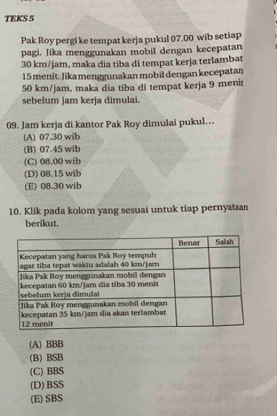 TEKS 5
Pak Roy pergi ke tempat kerja pukul 07.00 wib setiap
pagi, Jika menggunakan mobil dengan kecepatan
30 km/jam, maka dia tiba di tempat kerja terlambat
15 menit. Jikamenggunakan mobil dengan kecepatan
50 km/jam, maka dia tiba di tempat kerja 9 menit
sebelum jam kerja dimulai.
09. Jam kerja di kantor Pak Roy dimulai pukul…
(A) 07.30 wib
(B) 07.45 wib
(C) 08.00 wib
(D) 08.15 wib
(E) 08.30 wib
10. Klik pada kolom yang sesuai untuk tiap pernyataan
berikut.
(A) BBB
(B) BSB
(C) BBS
(D) BSS
(E) SBS