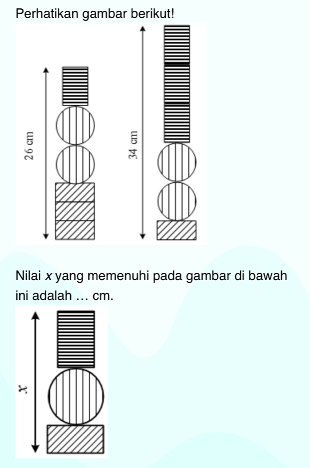 Perhatikan gambar berikut! 
Nilai x yang memenuhi pada gambar di bawah 
ini adalah ... cm.