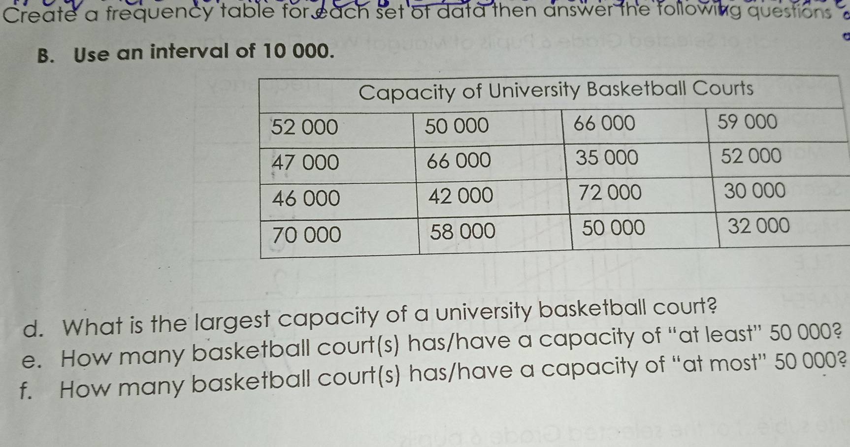 Create a frequency table for each set of data then answer the following questions 
B. Use an interval of 10 000. 
d. What is the largest capacity of a university basketball court? 
e. How many basketball court(s) has/have a capacity of “at least” 50 000? 
f. How many basketball court(s) has/have a capacity of “at most” 50 000?