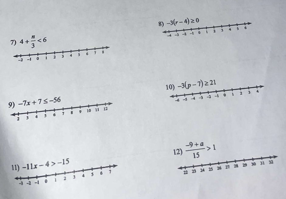 4+ n/3 <6</tex>
12)  (-9+a)/15 >1