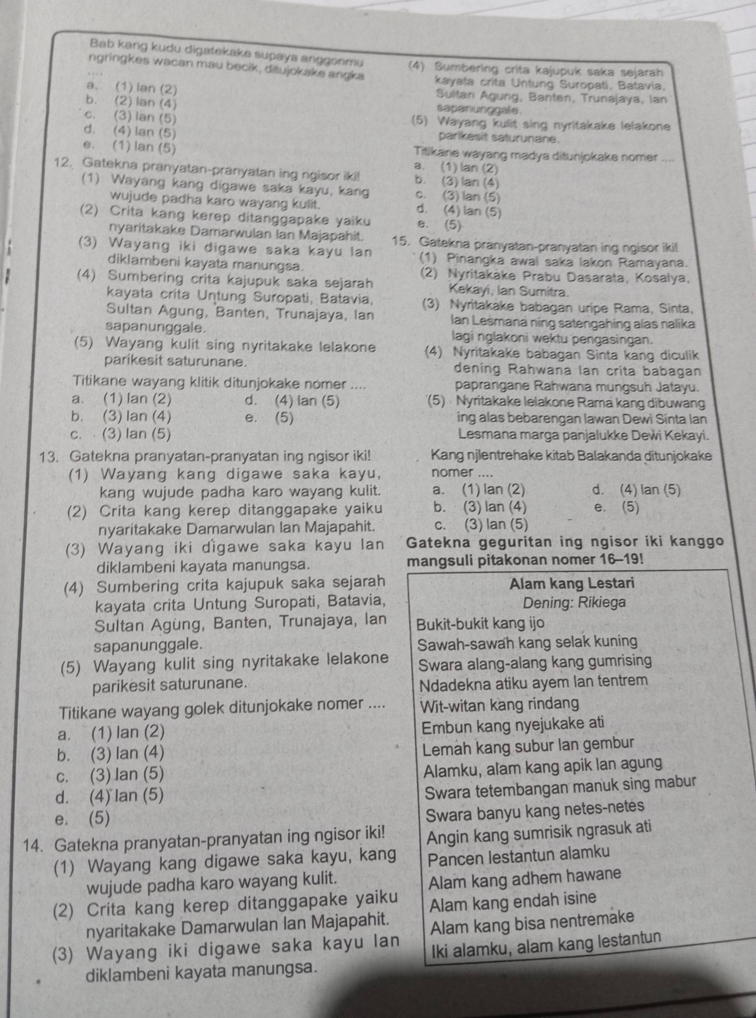 Bab kang kudu digatekake supaya anggonmu (4) Sumbering crita kajupuk saka sejarah
ngringkes wacan mau becik, ditujokake angka
kayata crita Untung Suropati, Batavia,
a. (1) lan (2) Sultan Agung, Banten, Trunajaya, Ian
b. (2) lan (4)
sapanunggale.
c. (3) lan (5) (5) Wayang kulit sing nyritakake lelakone
d. (4) lan (5) parikesit saturunane.
e. (1) lan (5) Titikane wayang madya ditunjokake nomer ....
a. (1) lan (2)
12、 Gatekna pranyatan-pranyatan ing rgisor iki! b. (3) lan (4)
(1) Wayang kang digawe saka kayu, kang c. (3) Ian (5)
wujude padha karo wayang kulit. d. (4) lan (5)
(2) Crita kang kerep ditanggapake yaiku e. (5)
nyaritakake Damarwulan Ian Majapahit. 15. Gatekna pranyatan-pranyatan ing ngisor iki!
(3) Wayang iki digawe saka kayu lan (1) Pinangka awal saka lakon Ramayana.
diklambeni kayata manungsa.
(2) Nyritakáke Prabu Dasarata, Kosalya,
(4) Sumbering crita kajupuk saka sejarah Kekayi, Ian Sumitra.
kayata crita Untung Suropati, Batavia, (3) Nyritakake babagan uripe Rama, Sinta,
Sultan Agung, Banten, Trunajaya, Ian lan Lešmana níng satengahing alas nalika
sapanunggale. lagi nglakoni wektu pengasingan.
(5) Wayang kulit sing nyritakake lelakone (4) Nyritakake babagan Sinta kang diculik
parikesit saturunane. dening Rahwana lan crita babagan
Titikane wayang klitik ditunjokake nomer .... paprangane Rahwana mungsuh Jatayu.
a. (1) lan (2) d. (4) lan (5) (5) Nyritakake lelakone Rama kang dibuwan
b. (3) lan (4) e. (5) ing alas bebarengan lawan Dewi Sinta Ian
c. (3) lan (5) Lesmana marga panjalukke Dewi Kekayi.
13. Gatekna pranyatan-pranyatan ing ngisor iki! Kang njlentrehake kitab Balakanda ditunjokake
(1) Wayang kang digawe saka kayu, nomer ....
kang wujude padha karo wayang kulit. a. (1) lan (2) d. (4) lan (5)
(2) Crita kang kerep ditanggapake yaiku b. (3) lan (4) e. (5)
nyaritakake Damarwulan Ian Majapahit. c. (3) lan (5)
(3) Wayang iki digawe saka kayu lan Gatekna geguritan ing ngisor iki kanggo
diklambeni kayata manungsa. mangsuli pitakonan nomer 16-19!
(4) Sumbering crita kajupuk saka sejarah Alam kang Lestari
kayata crita Untung Suropati, Batavia, Dening: Rikiega
Sultan Agung, Banten, Trunajaya, Ian Bukit-bukit kang ijo
sapanunggale. Sawah-sawah kang selak kuning
(5) Wayang kulit sing nyritakake lelakone Swara alang-alang kang gumrising
parikesit saturunane. Ndadekna atiku ayem lan tentrem
Titikane wayang golek ditunjokake nomer .... Wit-witan kang rindang
a. (1) lan (2)
Embun kang nyejukake ati
b. (3) lan (4)
Lemäh kang subur lan gembur
c. (3) lan (5)
Alamku, alam kang apik lan agung
d. (4) lan (5)
Swara tetembangan manuk sing mabur
e. (5)
Swara banyu kang netes-netées
14. Gatekna pranyatan-pranyatan ing ngisor iki! Angin kang sumrisik ngrasuk ati
(1) Wayang kang digawe saka kayu, kang Pancen lestantun alamku
wujude padha karo wayang kulit.
Alam kang adhem hawane
(2) Crita kang kerep ditanggapake yaiku
Alam kang endah isine
nyaritakake Damarwulan Ian Majapahit.
Alam kang bisa nentremake
(3) Wayang iki digawe saka kayu lan
Iki alamku, alam kang lestantun
diklambeni kayata manungsa.