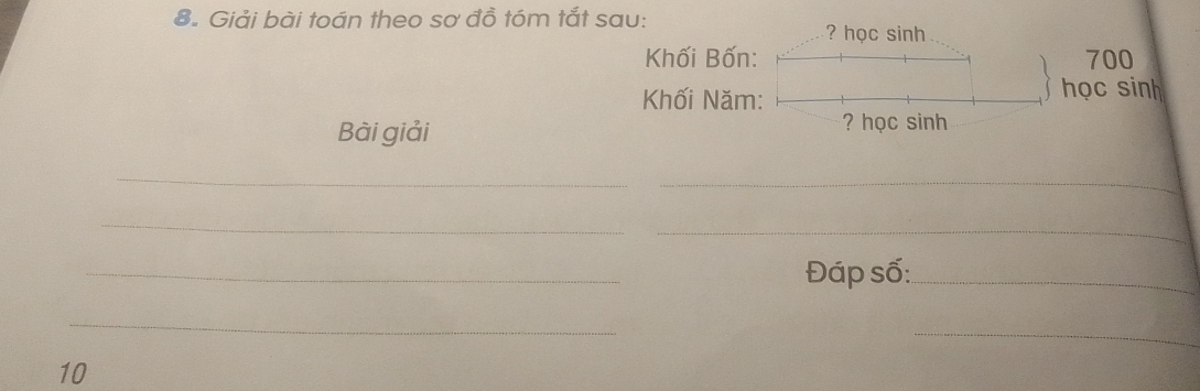 Giải bài toán theo sơ đồ tóm tắt sau: 
? học sinh 
Khối Bốn: 700
Khối Năm: 
học sinh 
Bài giải ? học sinh 
_ 
_ 
_ 
_ 
_ 
Đáp số:_ 
_ 
_
10