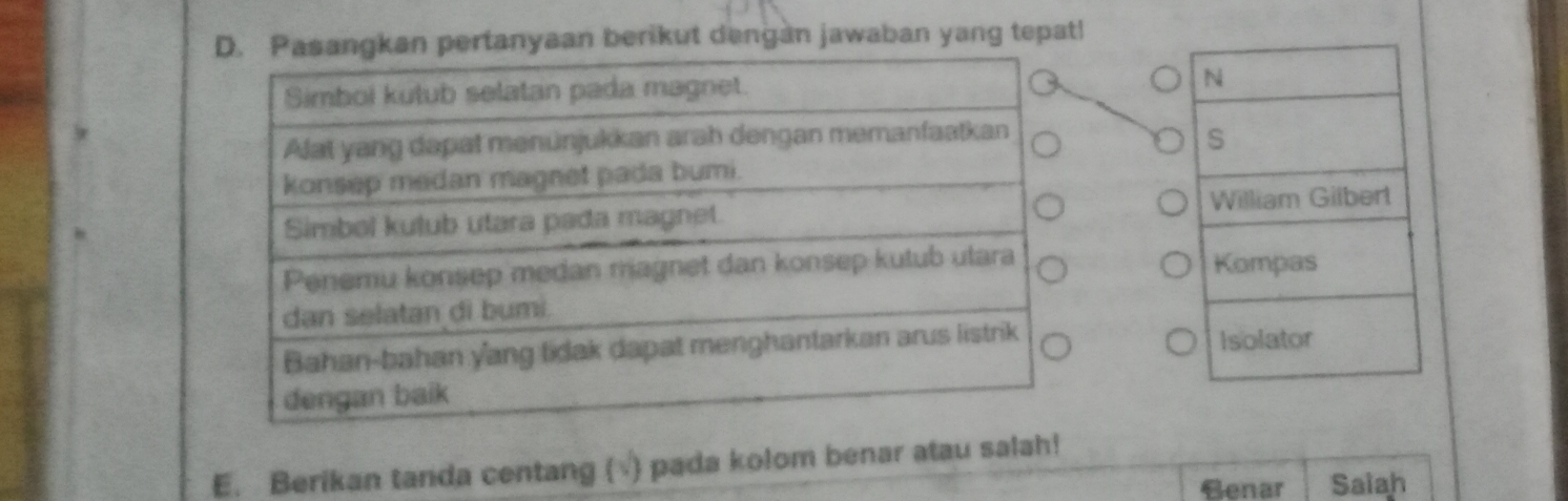 yaan berikut dengan jawaban yang tepat! 


E. Berikan tanda centang (√) pada kolom benar atau salah! 
Benar Saiah