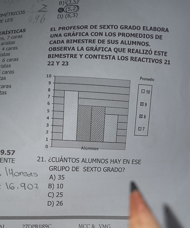 B) (3,5)
(5,2)
OMETRICO
D) (6,3)
E LES
ErÍsticas EL PROFESOR DE SEXTO GRADO ELABORA
es, 7 caras UNA GRÁFICA CON LOS PROMEDIOS DE
aristas CADA BIMESTRE DE SUS ALUMNOS.
4 caras
OBSERVA LA GRÁFICA QUE REALIZÓ ESTE
istas
BIMESTRE Y CONTESTA LOS REACTIVOS 21
6 caras
istas 22 Y 23
caras
as
caras
tas
9.57
ENTE 21. ¿CUÁNTOS ALUMNOS HAY EN ESE
GRUPO DE SEXTO GRADO?
A) 35
B) 10
C) 25
D) 26
27DPR1I89C MCC & VMG