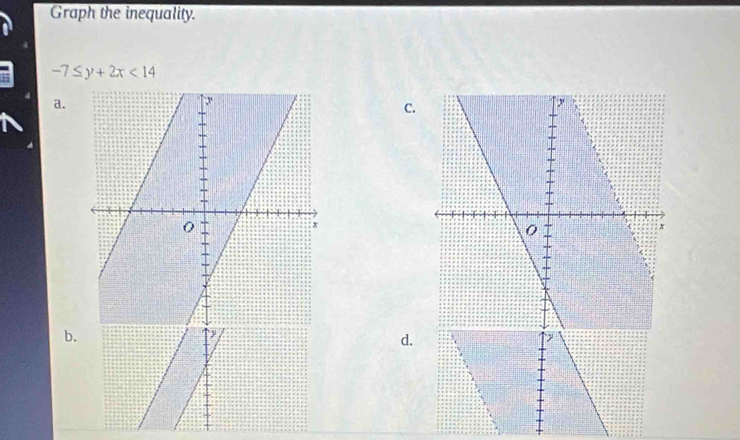 Graph the inequality.
-7≤ y+2x<14</tex> 
a. 
C. 
b. 
d.
y