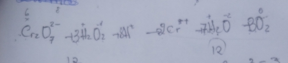 Cr_2O^(2-)_7+3H_2O^-_2+8H^+to 2Cr^(3+)+7H_2O^(2-)_3+8O^-_2
12
10