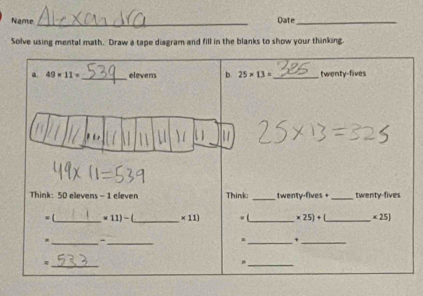 Name _Date_
Solve using mental math. Draw a tape diagram and fill in the blanks to show your thinking.