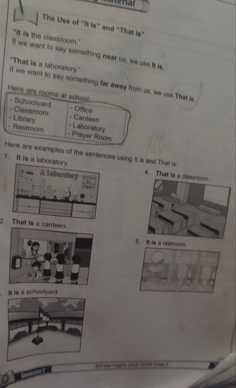 naterial 
The Use of “It is” and “That is” 
“It is the classroom.” 
If we want to say something near us, we use it is. 
“That is a laboratory.” 
If we want to say something far away use That is. 
es of the sentences using It is and That is: 
1. It is a laboratory.4. That is 
2. a canteen. 
5 is a restroom. 
It is a schoolyard. 
Bahasa Inggris untuk SDMI Kelas 3 
Semester 2