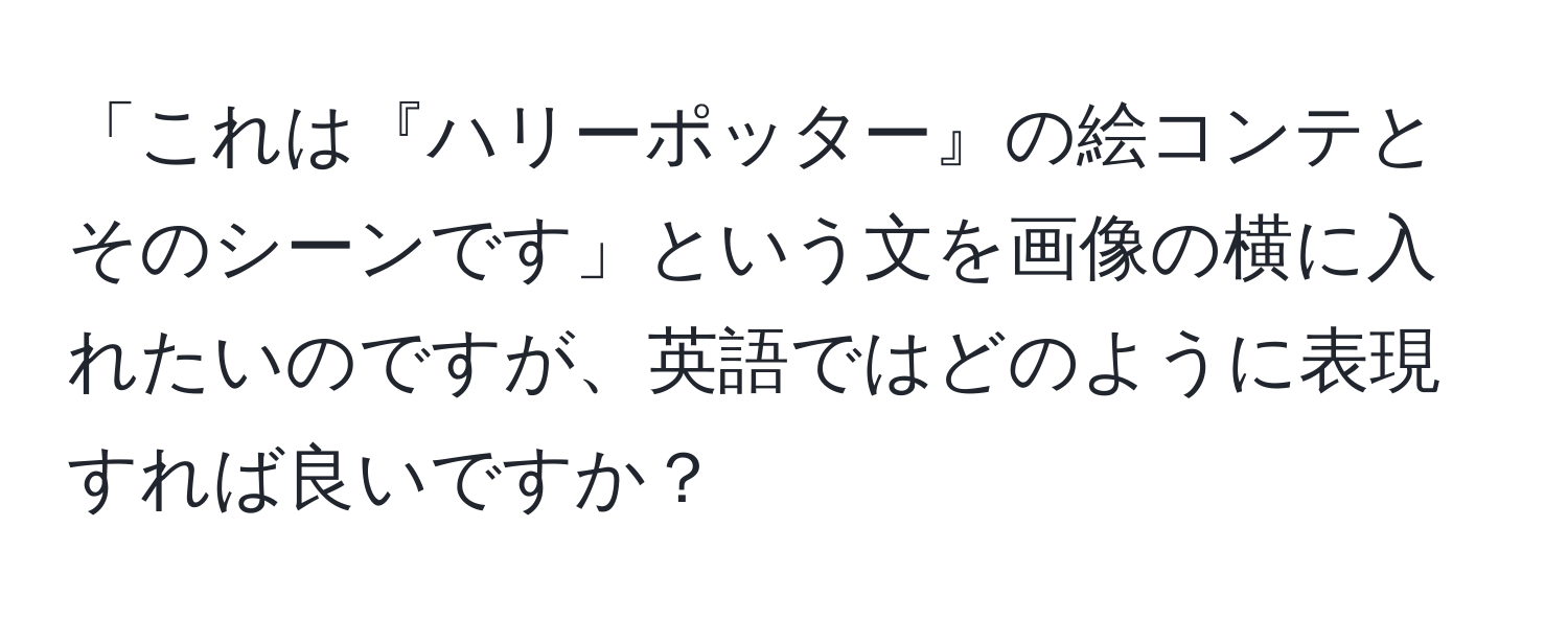 「これは『ハリーポッター』の絵コンテとそのシーンです」という文を画像の横に入れたいのですが、英語ではどのように表現すれば良いですか？