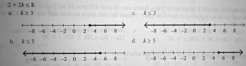 2+2k≤ 8
a. k≥ 3 c. k≤ 3
b. k≤ 5 d. k≥ 5