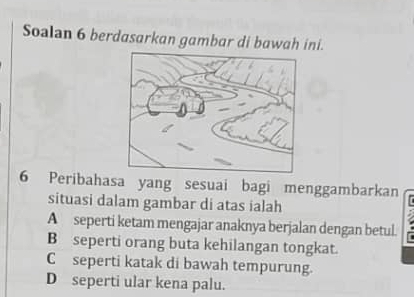 Soalan 6 berdasarkan gambar di bawah ini.
6 Peribahasa yang sesuai bagi menggambarkan
situasi dalam gambar di atas ialah
A seperti ketam mengajar anaknya berjalan dengan betul.
B seperti orang buta kehilangan tongkat.
C seperti katak di bawah tempurung.
D seperti ular kena palu.