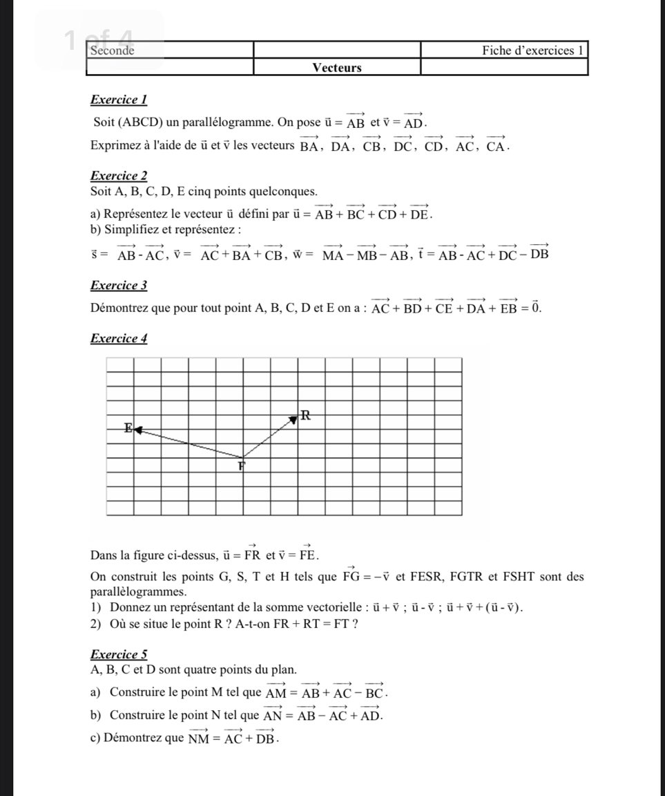 Soit (ABCD) un parallélogramme. On pose vector u=vector AB et vector v=vector AD.
Exprimez à l'aide de ū et v les vecteurs vector BA,vector DA,vector CB,vector DC,vector CD,vector AC,vector CA.
Exercice 2
Soit A, B, C, D, E cinq points quelconques.
a) Représentez le vecteur ū défini par vector u=vector AB+vector BC+vector CD+vector DE.
b) Simplifiez et représentez :
vector s=vector AB-vector AC,vector v=vector AC+vector BA+vector CB,vector w=vector MA-vector MB-vector AB,vector t=vector AB-vector AC+vector DC-vector DB
Exercice 3
Démontrez que pour tout point A, B, C, D et E on a : vector AC+vector BD+vector CE+vector DA+vector EB=vector 0.
Exercice 4
Dans la figure ci-dessus, vector u=vector FR et vector v=vector FE.
On construit les points G, S, T et H tels que vector FG=-vector v et FESR, FGTR et FSHT sont des
parallèlogrammes.
1) Donnez un représentant de la somme vectorielle : vector u+vector v;vector u-vector v;vector u+vector v+(vector u-vector v).
2) Où se situe le point R ? A-t-on FR+RT=FT ?
Exercice 5
A, B, C et D sont quatre points du plan.
a) Construire le point M tel que vector AM=vector AB+vector AC-vector BC.
b) Construire le point N tel que vector AN=vector AB-vector AC+vector AD.
c) Démontrez que vector NM=vector AC+vector DB.