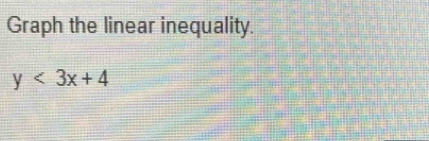 Graph the linear inequality.
y<3x+4