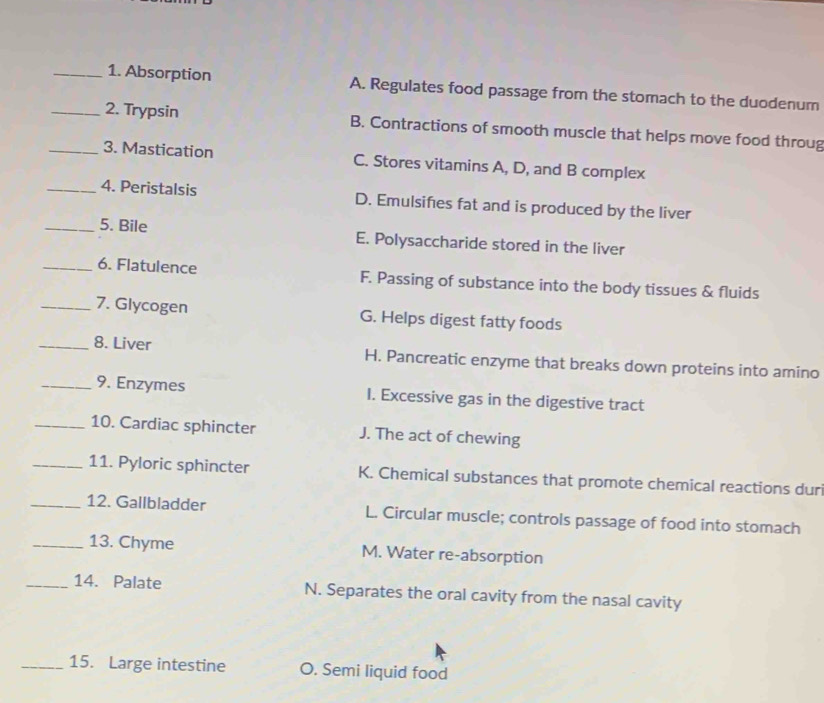 Absorption A. Regulates food passage from the stomach to the duodenum
_2. Trypsin B. Contractions of smooth muscle that helps move food throug
_3. Mastication C. Stores vitamins A, D, and B complex
_4. Peristalsis D. Emulsifes fat and is produced by the liver
_5. Bile E. Polysaccharide stored in the liver
_6. Flatulence F. Passing of substance into the body tissues & fluids
_7. Glycogen G. Helps digest fatty foods
_8. Liver H. Pancreatic enzyme that breaks down proteins into amino
_9. Enzymes I. Excessive gas in the digestive tract
_10. Cardiac sphincter J. The act of chewing
_11. Pyloric sphincter K. Chemical substances that promote chemical reactions dur
_12. Gallbladder L. Circular muscle; controls passage of food into stomach
_13. Chyme M. Water re-absorption
_14. Palate N. Separates the oral cavity from the nasal cavity
_15. Large intestine O. Semi liquid food