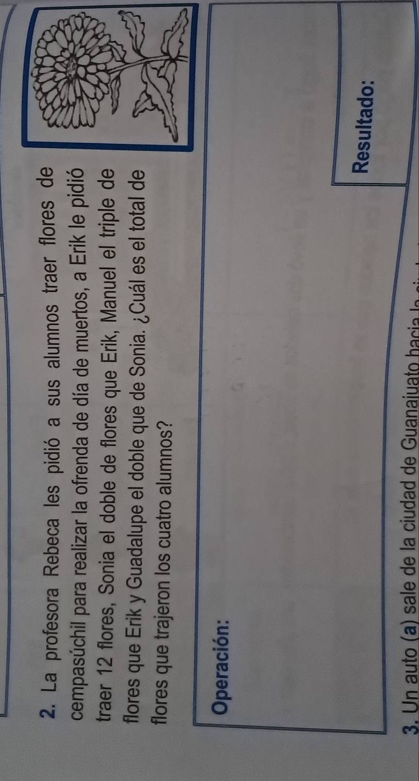 La profesora Rebeca les pidió a sus alumnos traer flores de 
cempasúchil para realizar la ofrenda de día de muertos, a Erik le pidió 
traer 12 flores, Sonia el doble de flores que Erik, Manuel el triple de 
flores que Erik y Guadalupe el doble que de Sonia. ¿Cuál es el total de 
flores que trajeron los cuatro alumnos? 
Operación: 
Resultado: