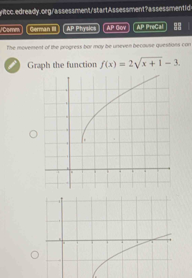 Comm German III AP Physics AP Gov AP PreCal 
The movement of the progress bar may be uneven because questions can 
i Graph the function f(x)=2sqrt(x+1)-3.