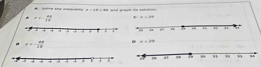 Solve the inequality x+19≤ 48 and graph its solution.
A x≤ - 48/19 
C x≤ 29
B x≤ - 48/19 
D x≤ 29