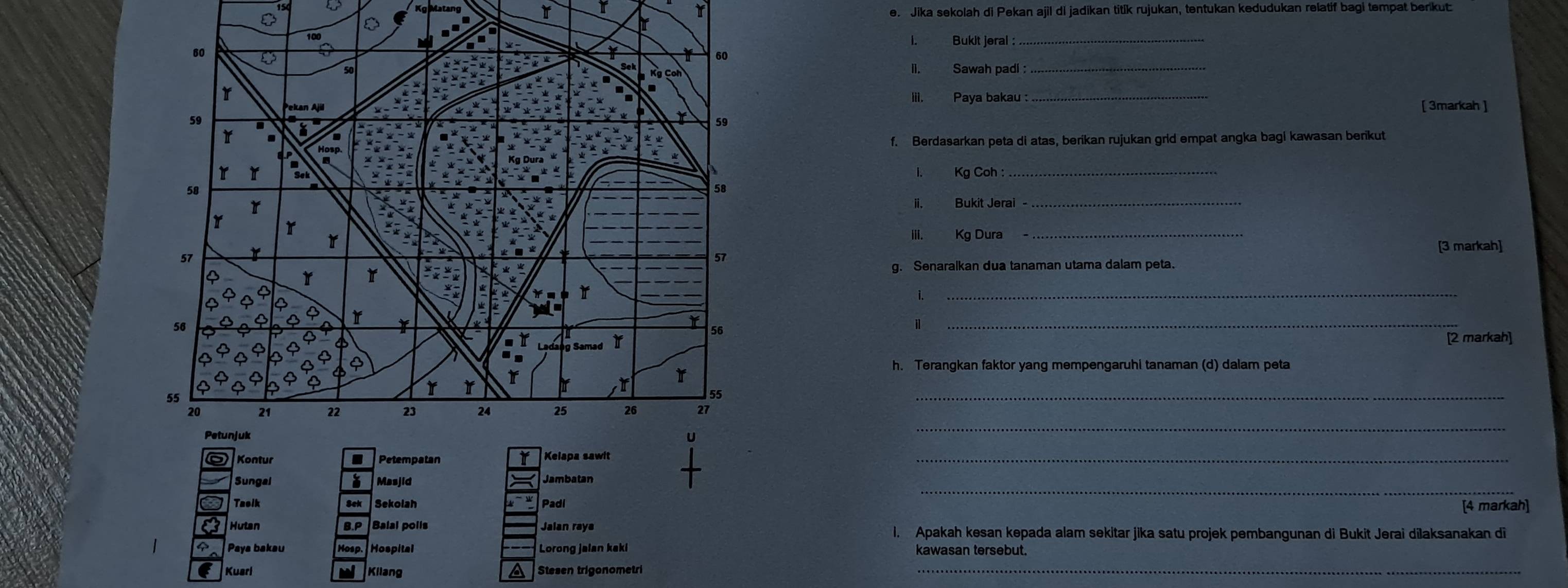 Jika sekolah di Pekan ajil di jadikan titík rujukan, tentukan kedudukan relatif bagi tempat berkut 
1. Bukit jeral :_ 
_ 
iii. Paya bakau :_ 
[ 3markah ] 
f. Berdasarkan peta di atas, berikan rujukan grid empat angka bagi kawasan berikut 
l. Kg Coh :_ 
ii. Bukit Jerai_ 
iii. Kg Dura_ 
[3 markah] 
g. Senaralkan dua tanaman utama dalam peta. 
i. 
_ 
Ⅱ 
_ 
[2 markah] 
h. Terangkan faktor yang mempengaruhi tanaman (d) dalam peta 
_ 
_ 
_ 
_ 
Sungal Masjid Jambatan 
Tacik Sck Sekolah Padi 
[4 markah] 
Balal poils Jalan raya 1. Apakah kesan kepada alam sekitar jika satu projek pembangunan di Bukit Jerai dilaksanakan di 
Paya bakau Hospital Lorong jalan kaki kawasan tersebut. 
Kuari Kilang Stesen trigonometri_ 
a