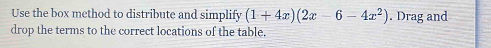 Use the box method to distribute and simplify (1+4x)(2x-6-4x^2). Drag and 
drop the terms to the correct locations of the table.