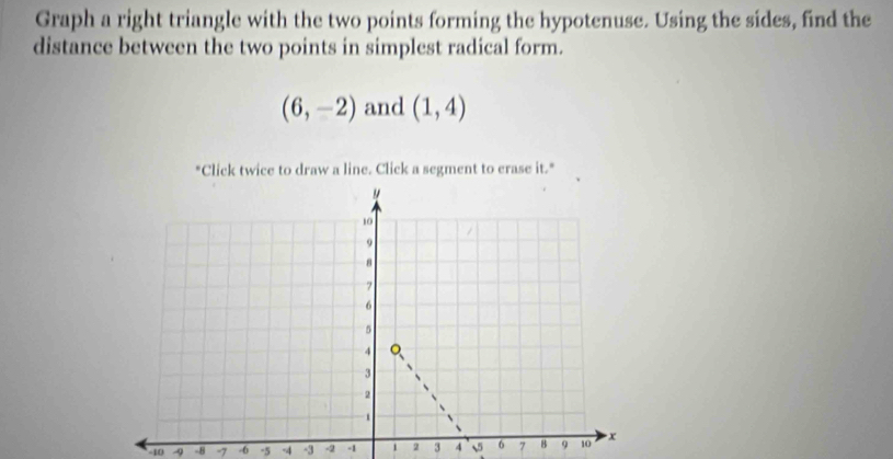 Graph a right triangle with the two points forming the hypotenuse. Using the sides, find the 
distance between the two points in simplest radical form.
(6,-2) and (1,4)
"Click twice to draw a line. Click a segment to erase it."
-10 -9 -8 -7 -6 -5 -4 -3 -2 -1 1 2 3 4 √5 6 7 8 9