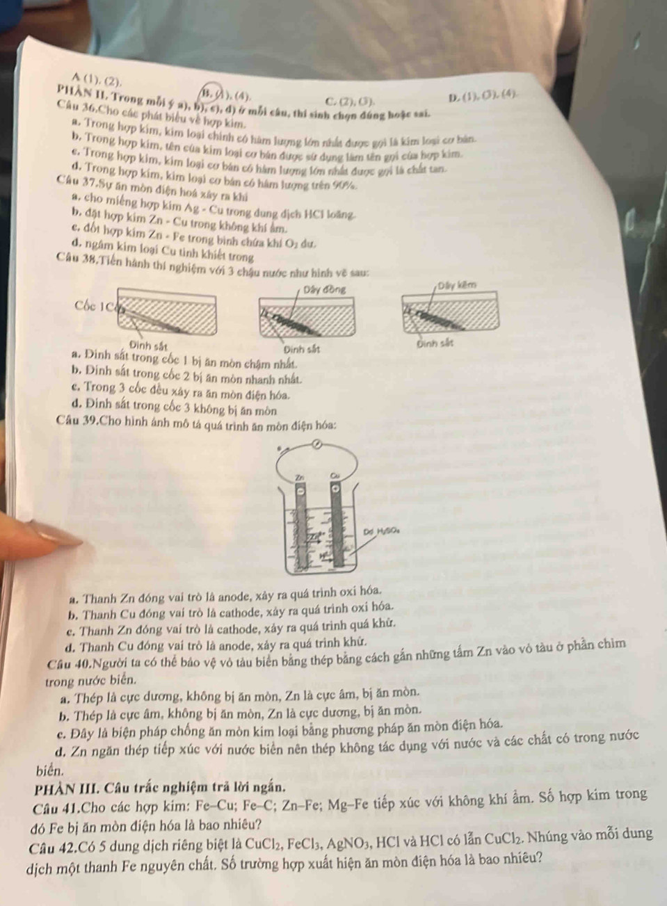 A (1). (2) (11,(1),(4) L
C. (2),(3).
D. (1),(3),(4).
PHÀN II, Trong mỗi  a),b),c),d) Ở ở mỗi câu, thi sinh chọn đúng hoặc sai.
Câu 36,Cho các phát biểu về hợp kim.
a. Trong hợp kim, kim loại chính có hàm lượng lớn nhất được gọi là kim loại cơ bản
b, Trong hợp kim, tên của kim loại cơ bản được sử dụng làm tên gọi cứa hợp kim
e. Trong hợp kim, kim loại cơ bán có hàm lượng lớn nhất được goi là chất tan.
d, Trong hợp kim, kim loại cơ bán có hâm lượng trên 90%.
Câu 37.Sự ăn mòn điện hoá xây ra khi
a. cho miếng hợp kim Ag - Cu trong dung dịch HCi loãng
b. đặt hợp kim Zn-C lu trong không khí âm.
e, đốt hợp kim Zn - Fe trong bình chứa khí Oị dư.
d. ngâm kim loại Cu tinh khiết trong
Câu 38,Tiền hành thí nghiệm với 3 châu nước như hình về sau:
Dây kěm
 
Đinh sắt
a. Dinh sắt trong cốc 1 bị ăn mòn chậm nhất.
b, Đinh sắt trong cốc 2 bị ăn mòn nhanh nhất.
c. Trong 3 cốc đều xây ra ăn mòn điện hóa.
d. Đinh sắt trong cốc 3 không bị ăn mòn
Câu 39.Cho hình ảnh mô tả quá trình ăn mòn điện hóa:
a. Thanh Zn đóng vai trò là anode, xây ra quá trình oxi hóa.
b. Thanh Cu đóng vai trò là cathode, xây ra quá trình oxi hóa.
c. Thanh Zn đóng vaí trò là cathode, xảy ra quá trình quá khử.
d. Thanh Cu đóng vai trò là anode, xảy ra quá trình khử.
Cầu 40.Người ta có thể bảo vệ vô tàu biên băng thép băng cách gắn những tấm Zn vào vô tàu ở phần chìm
trong nước biển.
a. Thép là cực dương, không bị ăn mòn, Zn là cực âm, bị ăn mòn.
b. Thép là cực âm, không bị ăn mòn, Zn là cực dương, bị ăn mòn.
c. Đây là biện pháp chống ăn mòn kim loại bằng phương pháp ăn mòn điện hóa.
d. Zn ngăn thép tiếp xúc với nước biển nên thép không tác dụng với nước và các chất có trong nước
biển.
PHÀN III. Câu trắc nghiệm trả lời ngắn.
Câu 41.Cho các hợp kim: Fe-Cu; Fe-C :Zn-Fe *; Mg-Fe tiếp xúc với không khí ẩm. Số hợp kim trong
đó Fe bị ăn mòn điện hóa là bao nhiêu?
Câu 42.Có 5 dung dịch riêng biệt là CuCl_2,FeCl_3,AgNO_3 , HCl và HCl có lẫn CuCl_2 Nhúng vào mỗi dung
dịch một thanh Fe nguyên chất. Số trường hợp xuất hiện ăn mòn điện hóa là bao nhiêu?