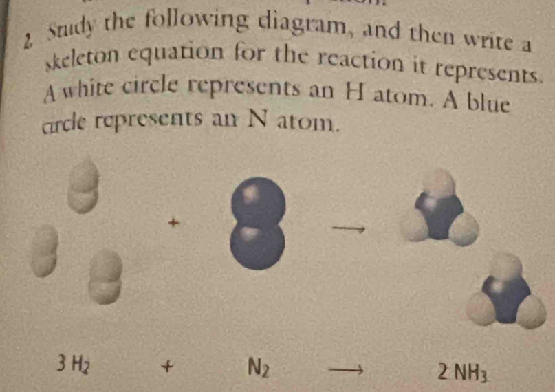 Study the following diagram, and then write a 
skeleton equation for the reaction it represents. 
A white circle represents an H atom. A blue 
rce represents an N atom.
+
3H_2 + N_2
2NH_3