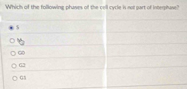 Which of the following phases of the cell cycle is not part of interphase?
S

GO
G2
G1