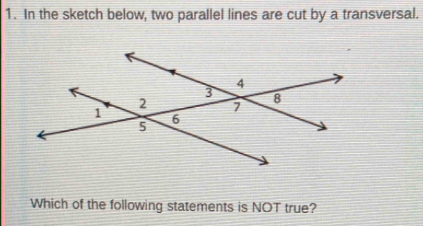 In the sketch below, two parallel lines are cut by a transversal. 
Which of the following statements is NOT true?